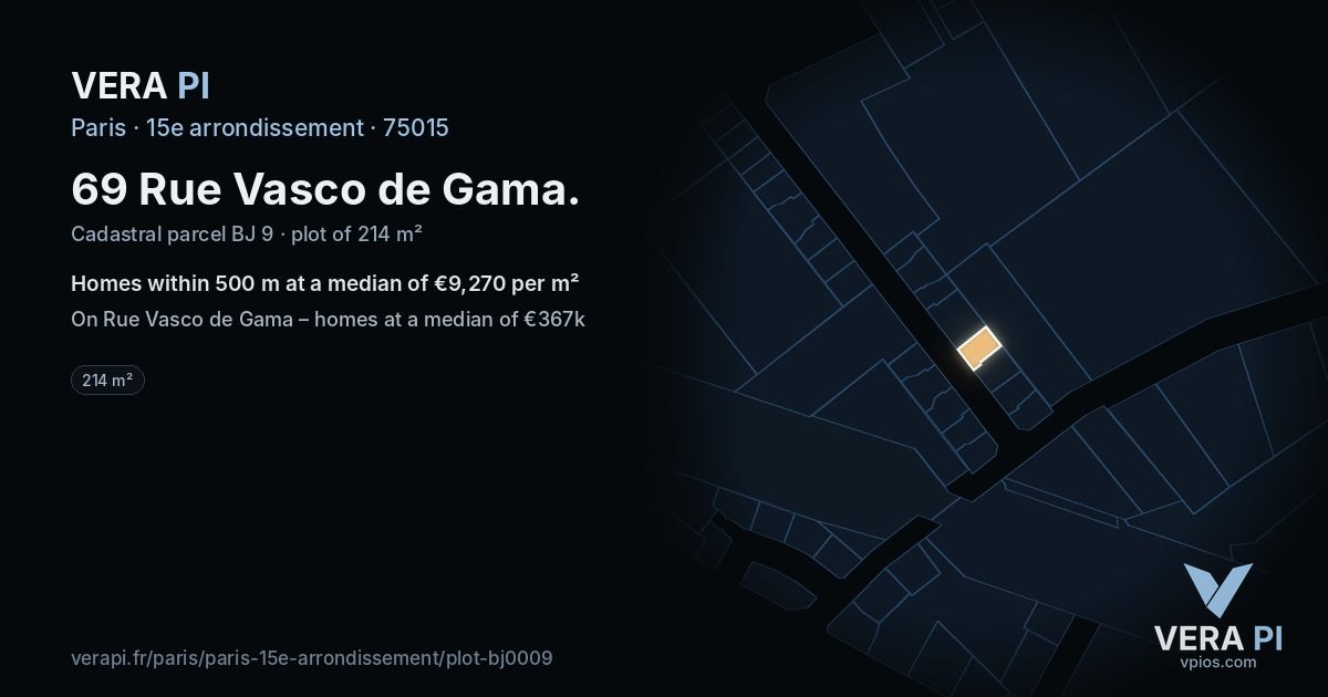 69 Rue Vasco de Gama, 15e arrondissement at night – the plot lit, the parcels around coloured by the prices near them