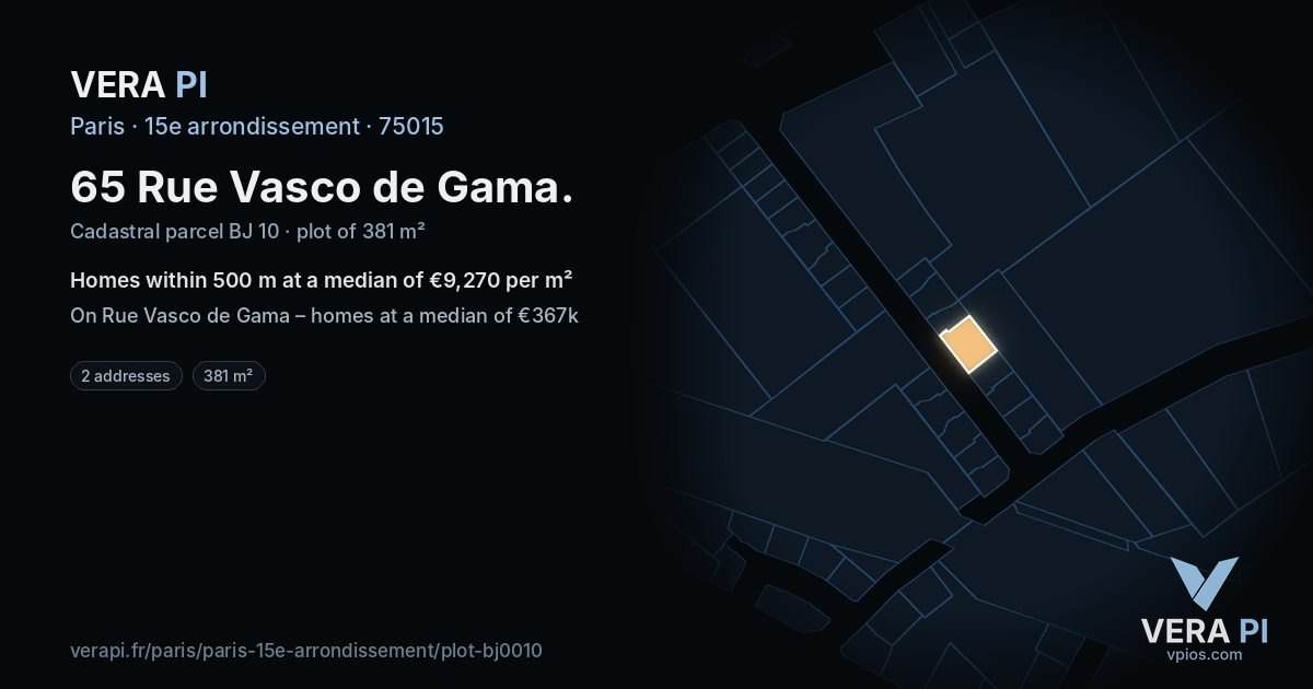 65 Rue Vasco de Gama, 15e arrondissement at night – the plot lit, the parcels around coloured by the prices near them
