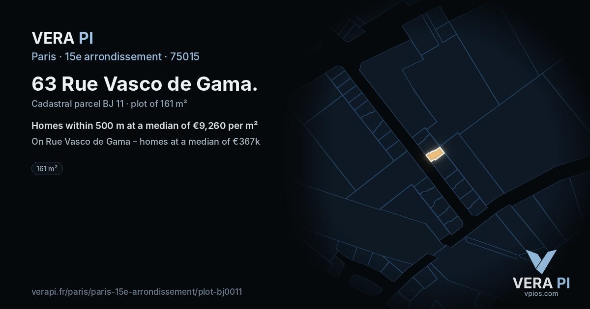 63 Rue Vasco de Gama, 15e arrondissement at night – the plot lit, the parcels around coloured by the prices near them