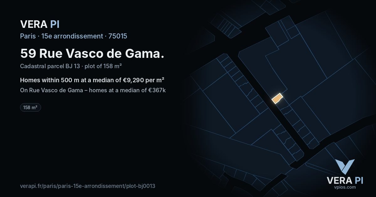 59 Rue Vasco de Gama, 15e arrondissement at night – the plot lit, the parcels around coloured by the prices near them