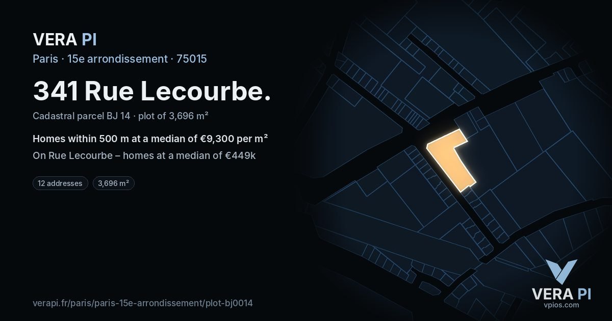 341 Rue Lecourbe, 15e arrondissement at night – the plot lit, the parcels around coloured by the prices near them