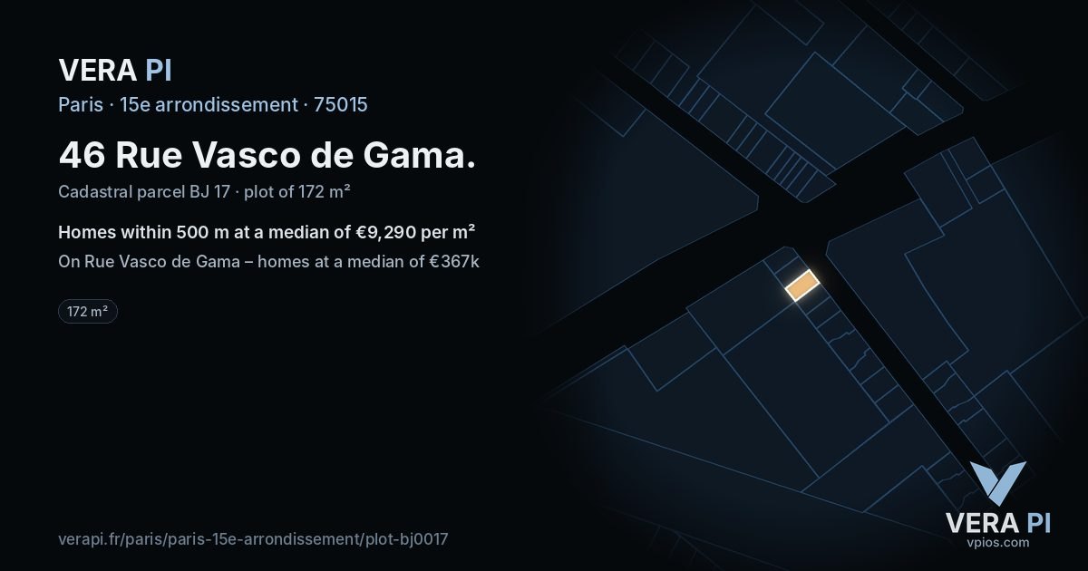 46 Rue Vasco de Gama, 15e arrondissement at night – the plot lit, the parcels around coloured by the prices near them