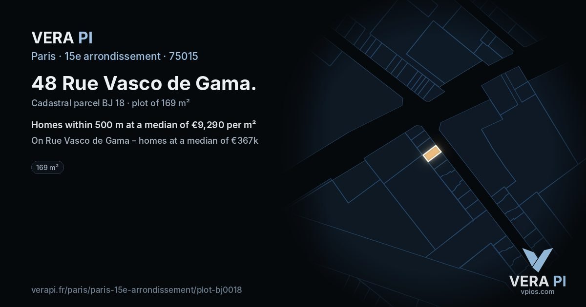 48 Rue Vasco de Gama, 15e arrondissement at night – the plot lit, the parcels around coloured by the prices near them