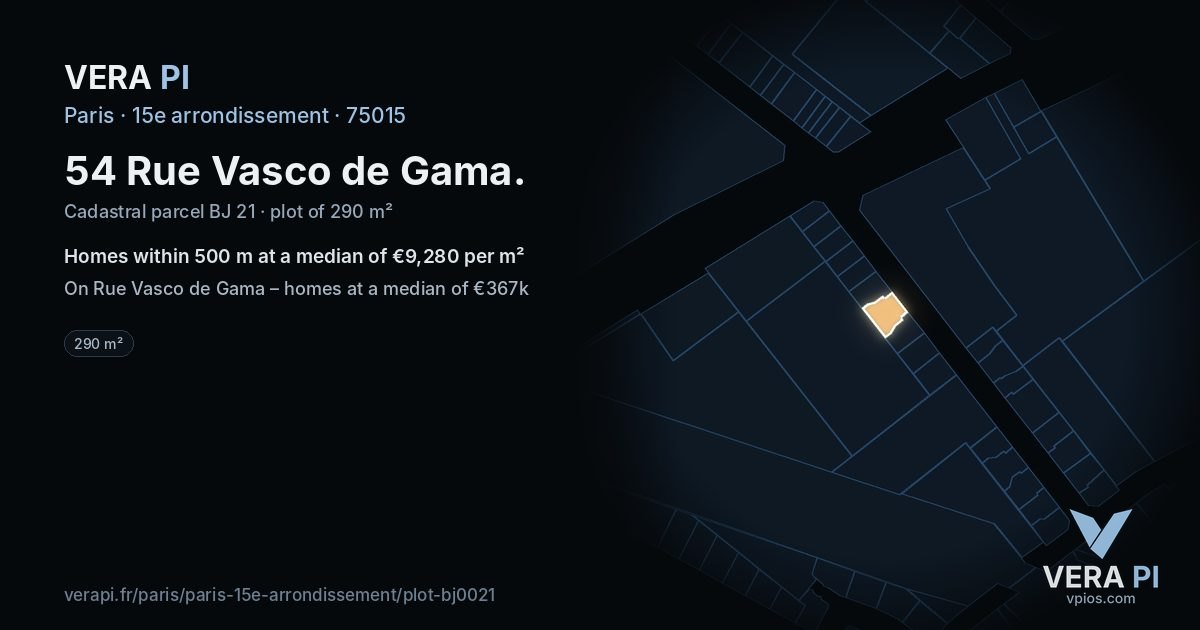 54 Rue Vasco de Gama, 15e arrondissement at night – the plot lit, the parcels around coloured by the prices near them