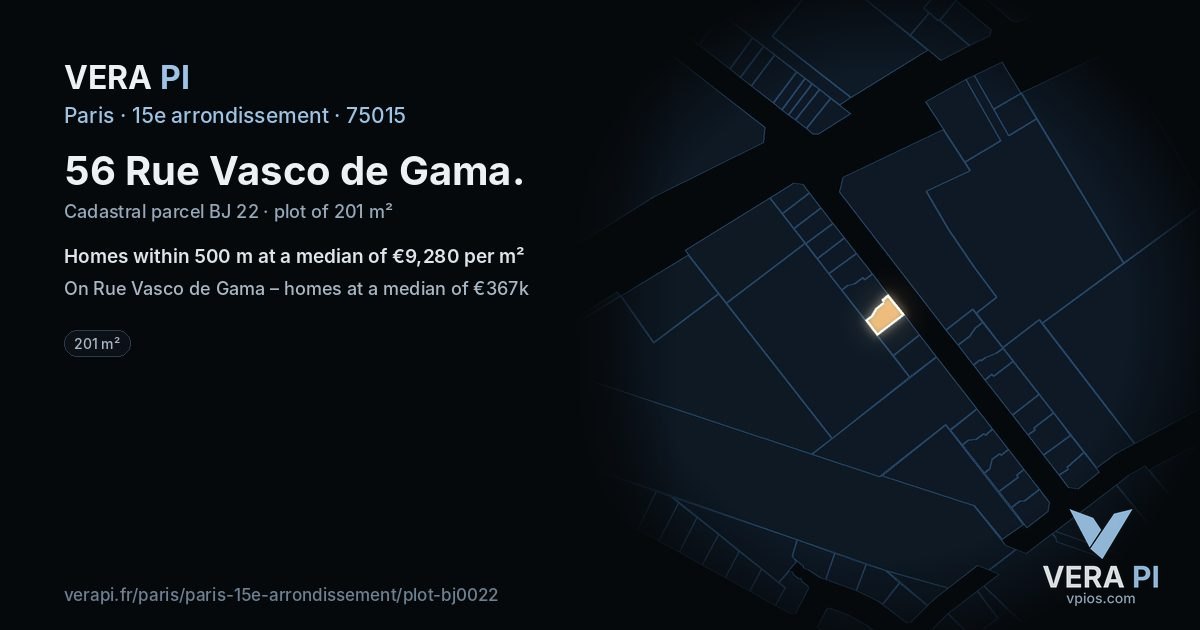56 Rue Vasco de Gama, 15e arrondissement at night – the plot lit, the parcels around coloured by the prices near them