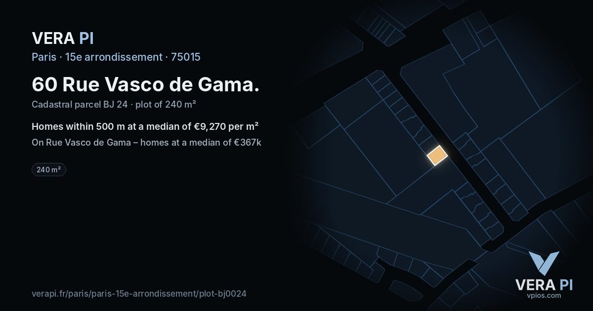 60 Rue Vasco de Gama, 15e arrondissement at night – the plot lit, the parcels around coloured by the prices near them