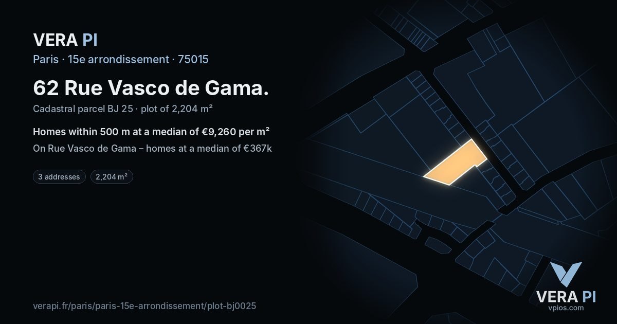 62 Rue Vasco de Gama, 15e arrondissement at night – the plot lit, the parcels around coloured by the prices near them