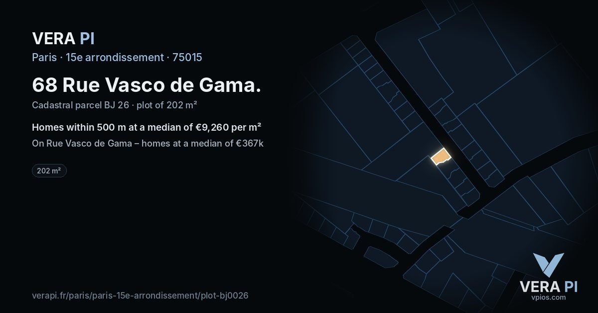 68 Rue Vasco de Gama, 15e arrondissement at night – the plot lit, the parcels around coloured by the prices near them