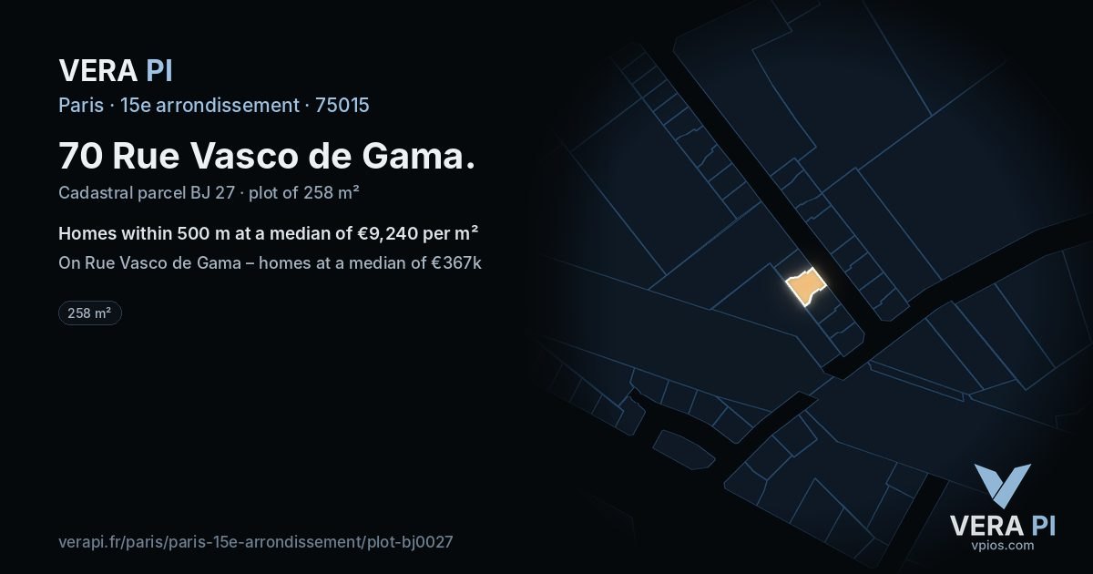 70 Rue Vasco de Gama, 15e arrondissement at night – the plot lit, the parcels around coloured by the prices near them