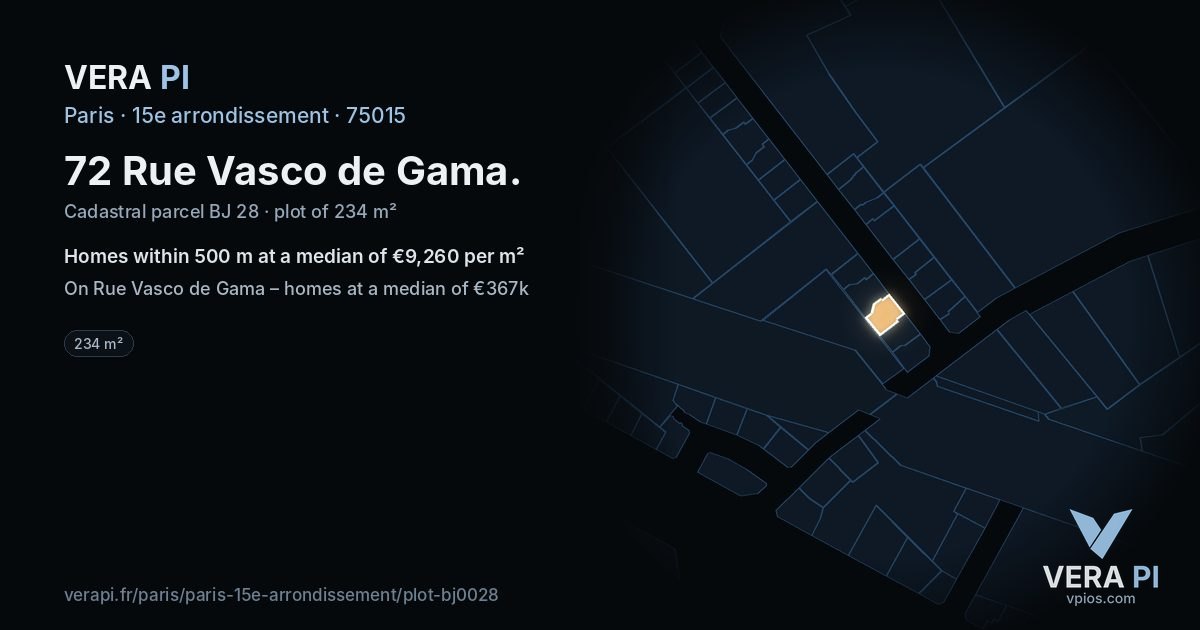72 Rue Vasco de Gama, 15e arrondissement at night – the plot lit, the parcels around coloured by the prices near them