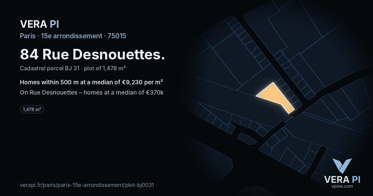 84 Rue Desnouettes, 15e arrondissement at night – the plot lit, the parcels around coloured by the prices near them