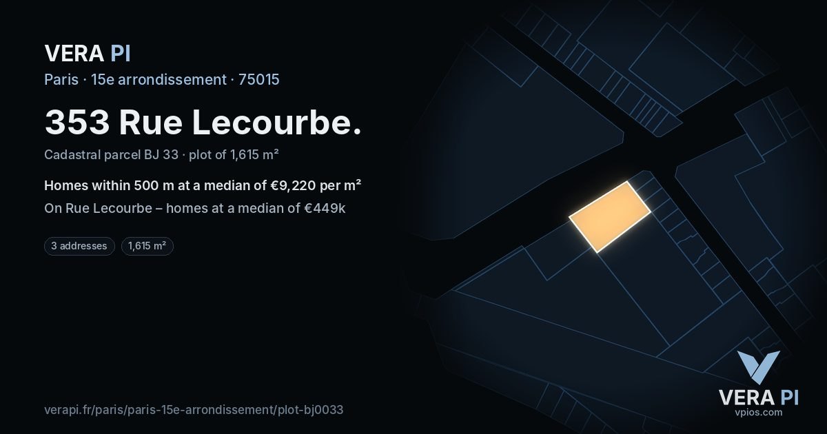 353 Rue Lecourbe, 15e arrondissement at night – the plot lit, the parcels around coloured by the prices near them