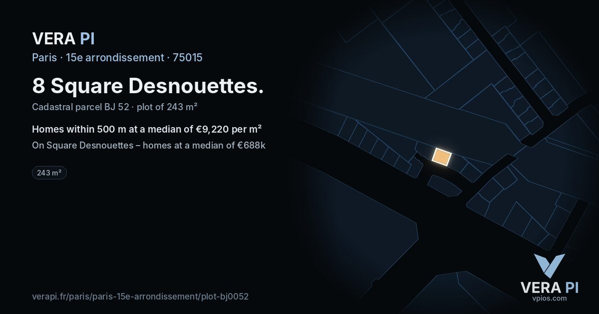 8 Square Desnouettes, 15e arrondissement at night – the plot lit, the parcels around coloured by the prices near them