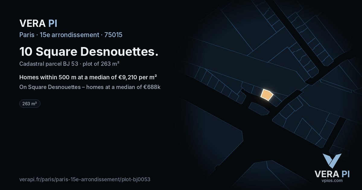 10 Square Desnouettes, 15e arrondissement at night – the plot lit, the parcels around coloured by the prices near them