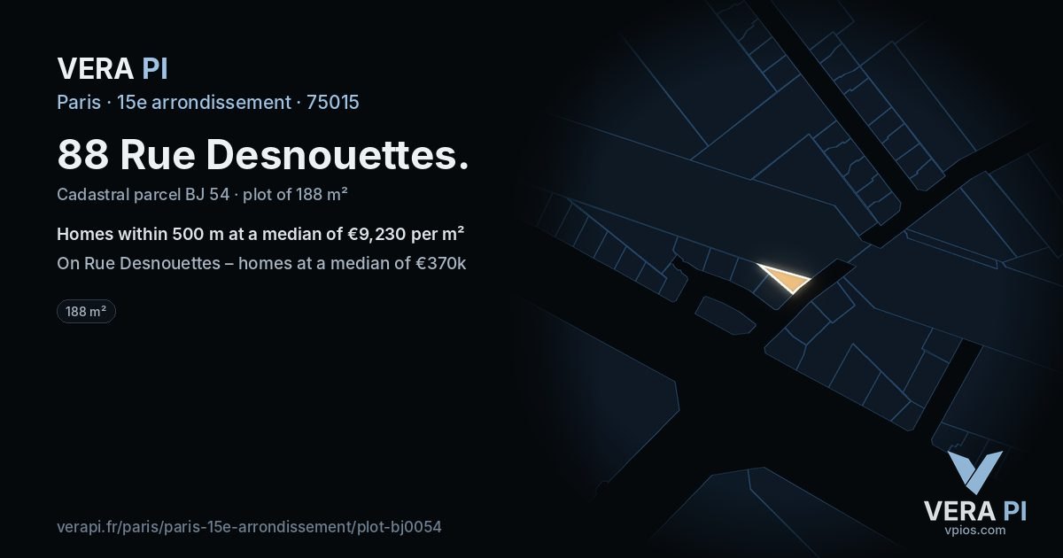 88 Rue Desnouettes, 15e arrondissement at night – the plot lit, the parcels around coloured by the prices near them