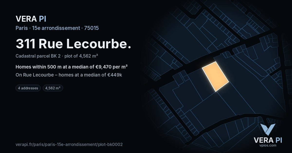 311 Rue Lecourbe, 15e arrondissement at night – the plot lit, the parcels around coloured by the prices near them