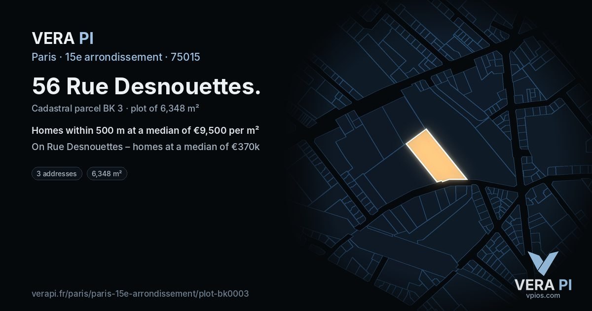 56 Rue Desnouettes, 15e arrondissement at night – the plot lit, the parcels around coloured by the prices near them