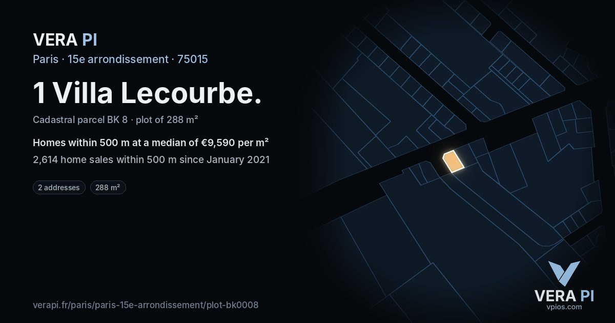 1 Villa Lecourbe, 15e arrondissement at night – the plot lit, the parcels around coloured by the prices near them