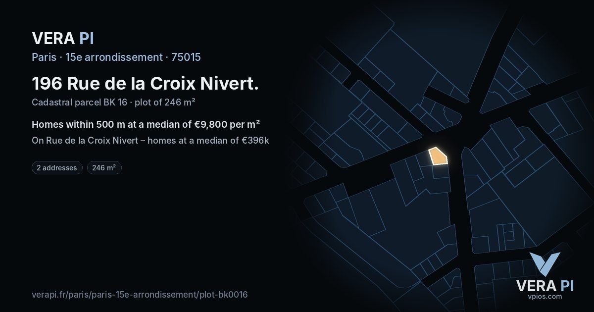 196 Rue de la Croix Nivert, 15e arrondissement at night – the plot lit, the parcels around coloured by the prices near them