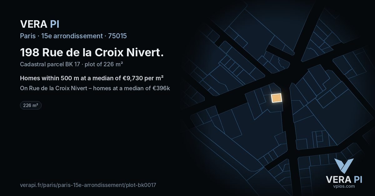 198 Rue de la Croix Nivert, 15e arrondissement at night – the plot lit, the parcels around coloured by the prices near them