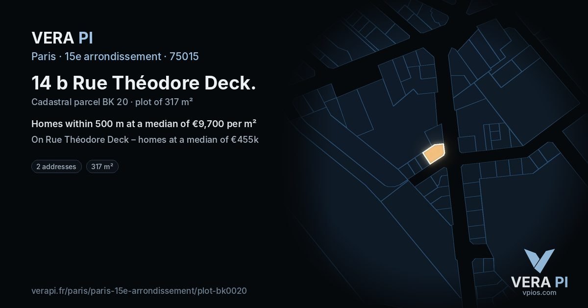 14 b Rue Théodore Deck, 15e arrondissement at night – the plot lit, the parcels around coloured by the prices near them