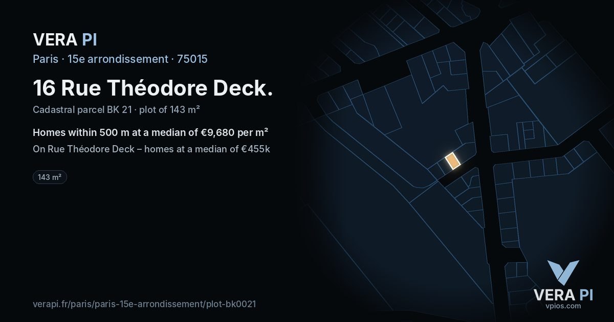 16 Rue Théodore Deck, 15e arrondissement at night – the plot lit, the parcels around coloured by the prices near them
