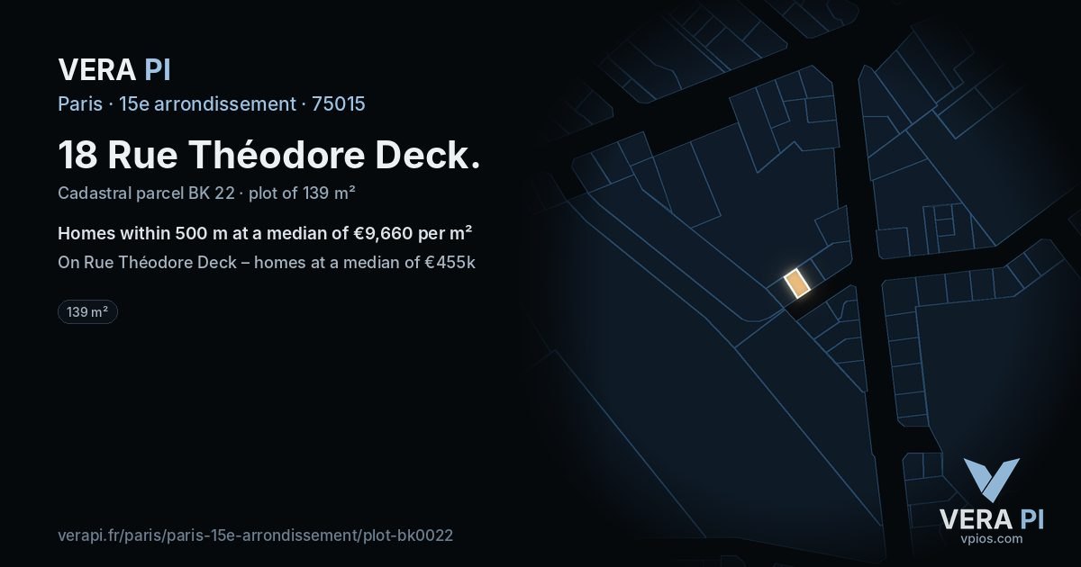 18 Rue Théodore Deck, 15e arrondissement at night – the plot lit, the parcels around coloured by the prices near them