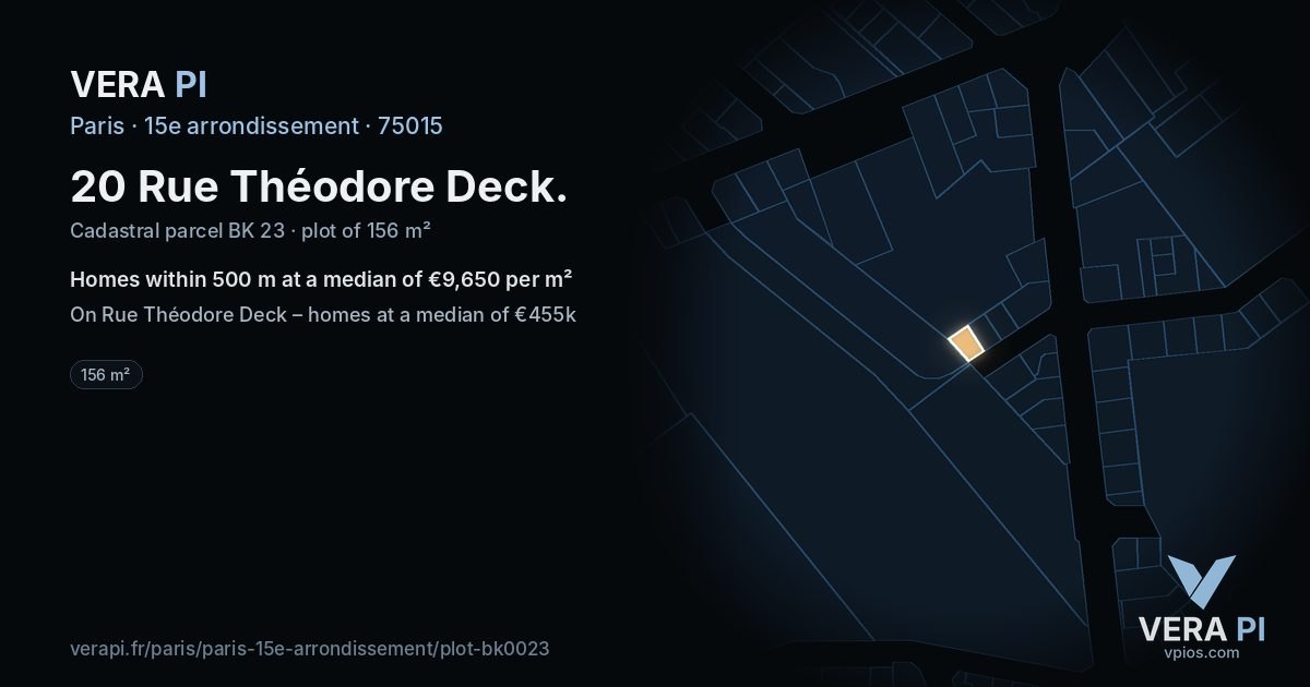20 Rue Théodore Deck, 15e arrondissement at night – the plot lit, the parcels around coloured by the prices near them