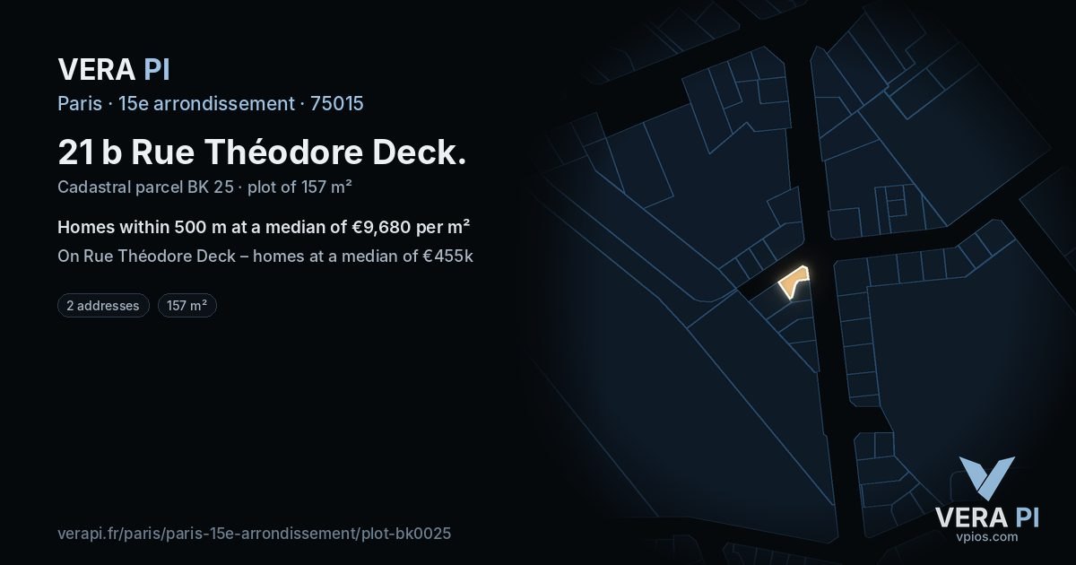 21 b Rue Théodore Deck, 15e arrondissement at night – the plot lit, the parcels around coloured by the prices near them