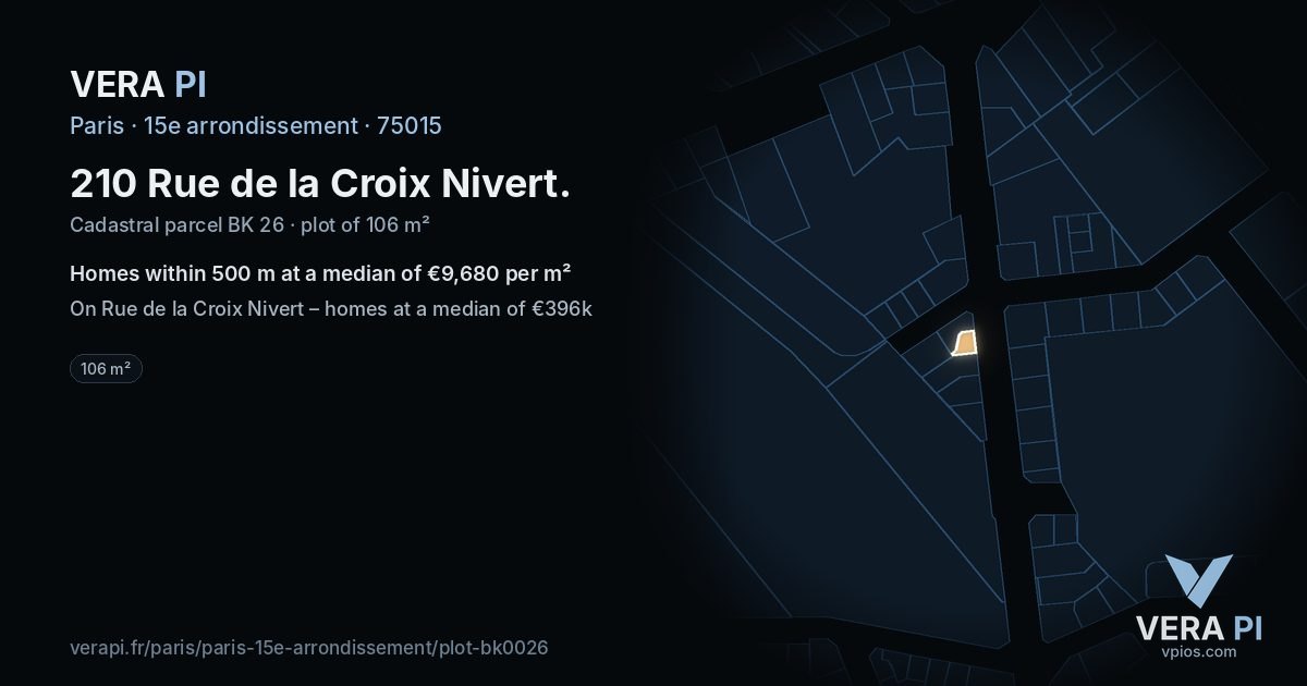 210 Rue de la Croix Nivert, 15e arrondissement at night – the plot lit, the parcels around coloured by the prices near them