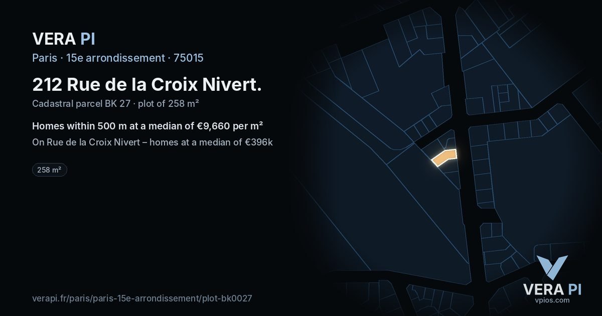 212 Rue de la Croix Nivert, 15e arrondissement at night – the plot lit, the parcels around coloured by the prices near them