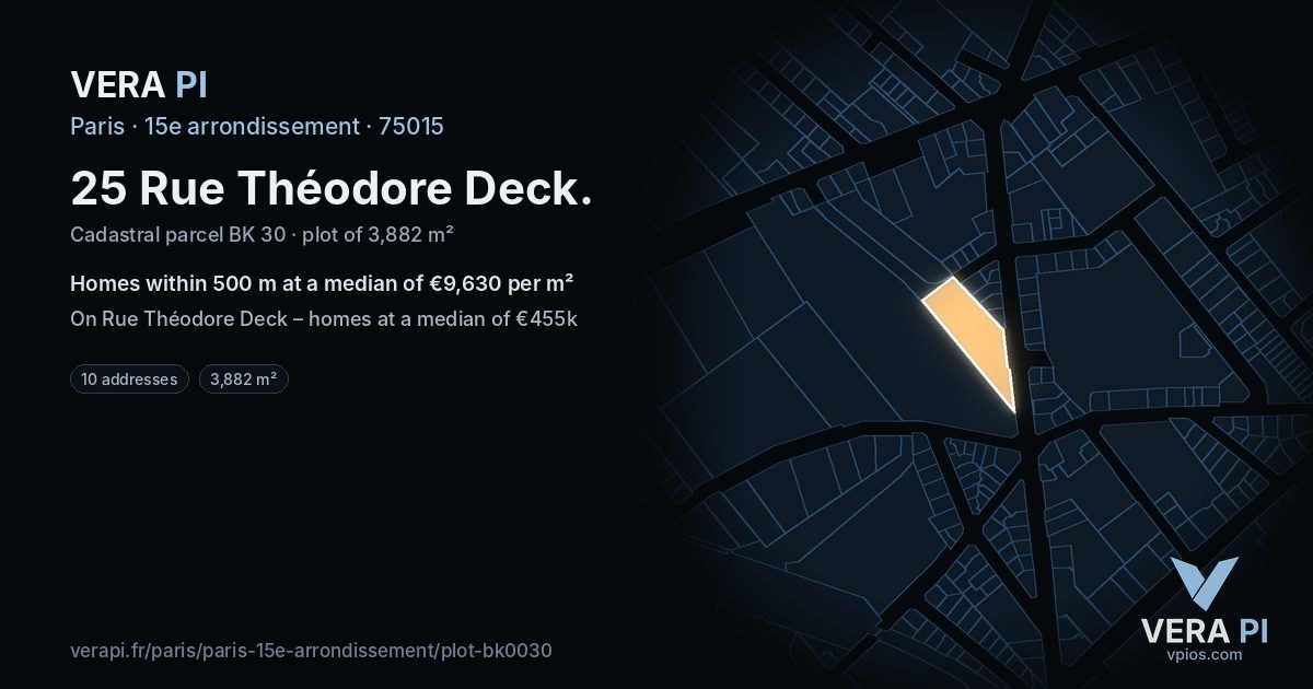 25 Rue Théodore Deck, 15e arrondissement at night – the plot lit, the parcels around coloured by the prices near them