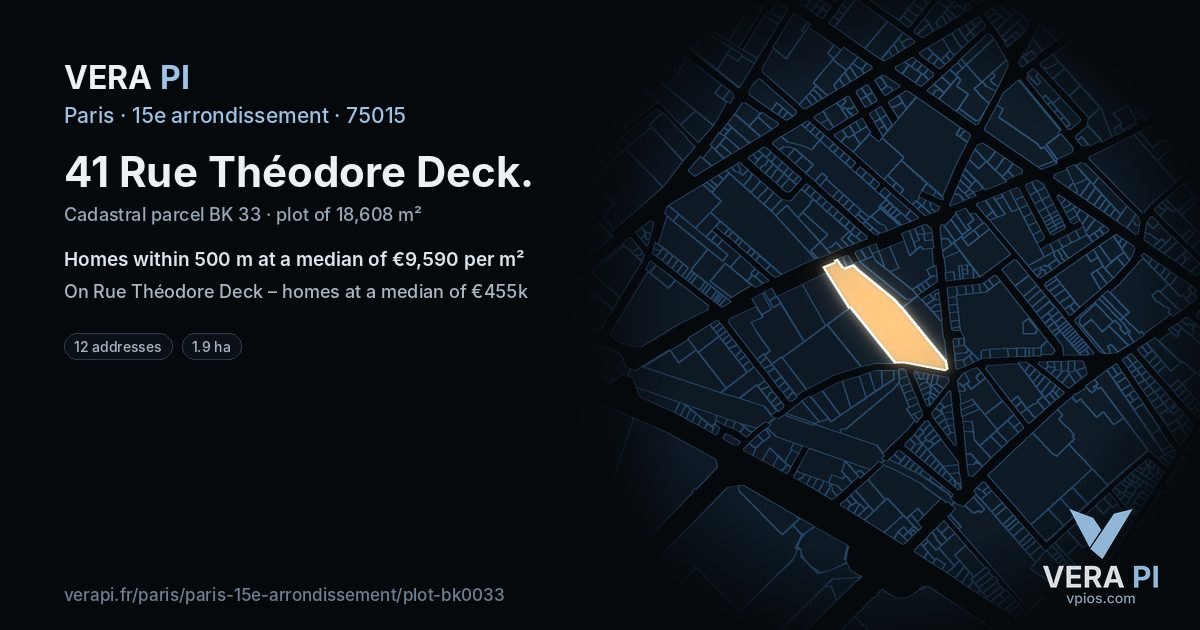 41 Rue Théodore Deck, 15e arrondissement at night – the plot lit, the parcels around coloured by the prices near them