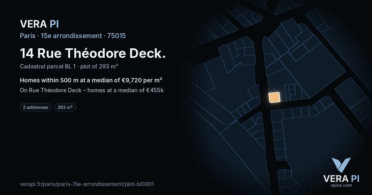 14 Rue Théodore Deck, 15e arrondissement at night – the plot lit, the parcels around coloured by the prices near them