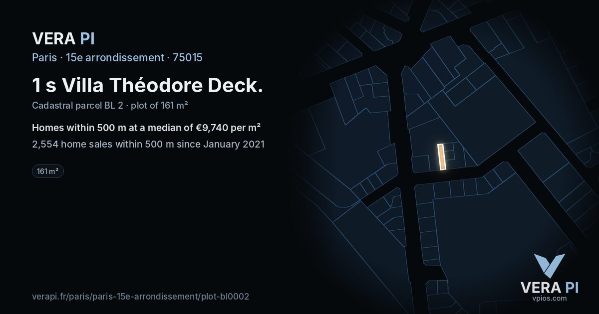 1 s Villa Théodore Deck, 15e arrondissement at night – the plot lit, the parcels around coloured by the prices near them