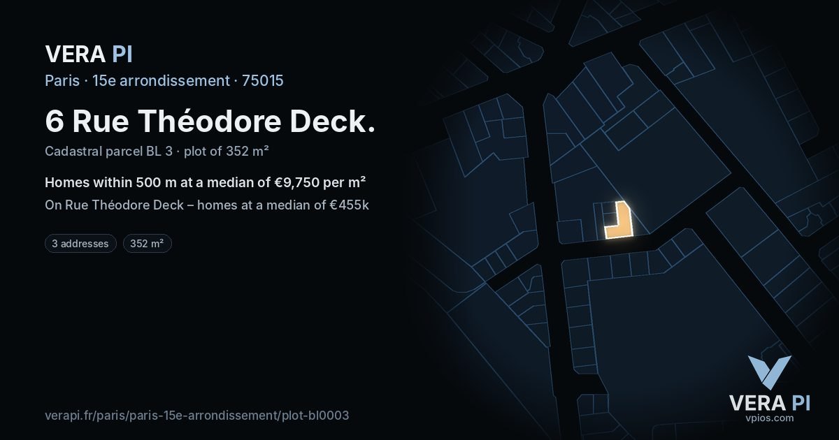 6 Rue Théodore Deck, 15e arrondissement at night – the plot lit, the parcels around coloured by the prices near them