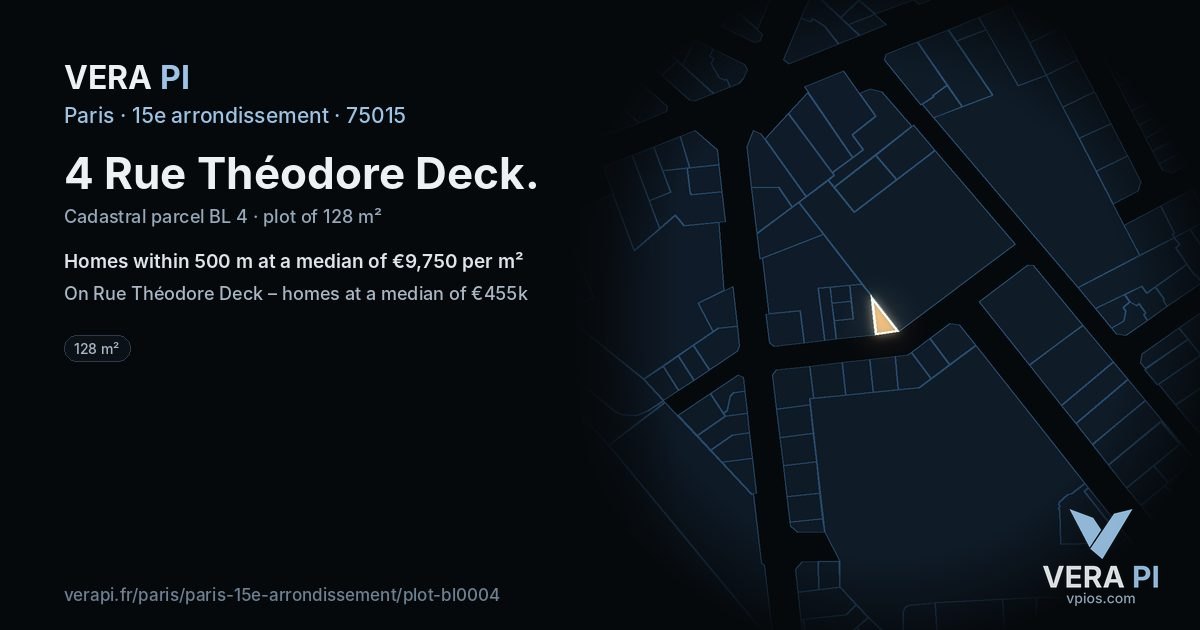 4 Rue Théodore Deck, 15e arrondissement at night – the plot lit, the parcels around coloured by the prices near them