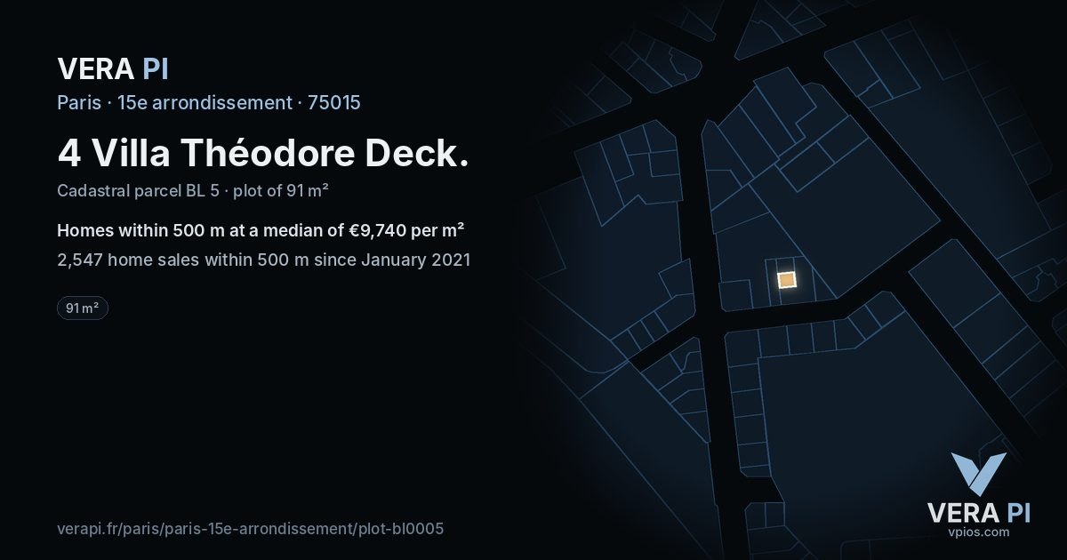 4 Villa Théodore Deck, 15e arrondissement at night – the plot lit, the parcels around coloured by the prices near them