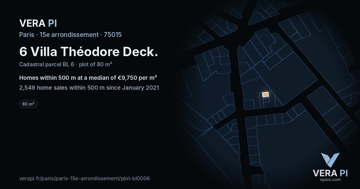6 Villa Théodore Deck, 15e arrondissement at night – the plot lit, the parcels around coloured by the prices near them