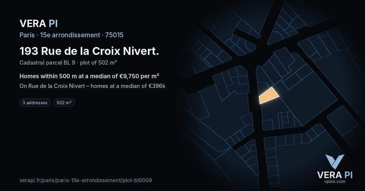 193 Rue de la Croix Nivert, 15e arrondissement at night – the plot lit, the parcels around coloured by the prices near them