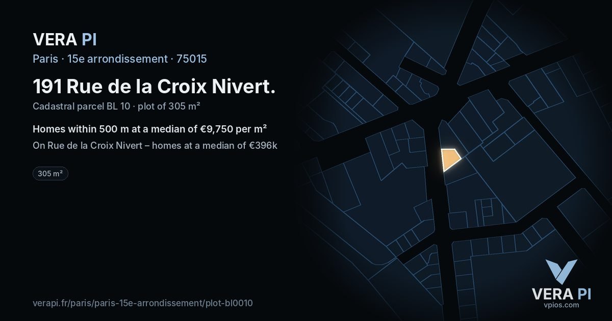 191 Rue de la Croix Nivert, 15e arrondissement at night – the plot lit, the parcels around coloured by the prices near them