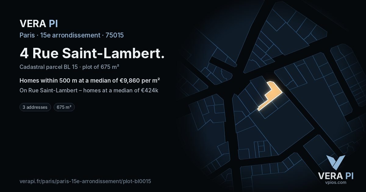4 Rue Saint-Lambert, 15e arrondissement at night – the plot lit, the parcels around coloured by the prices near them