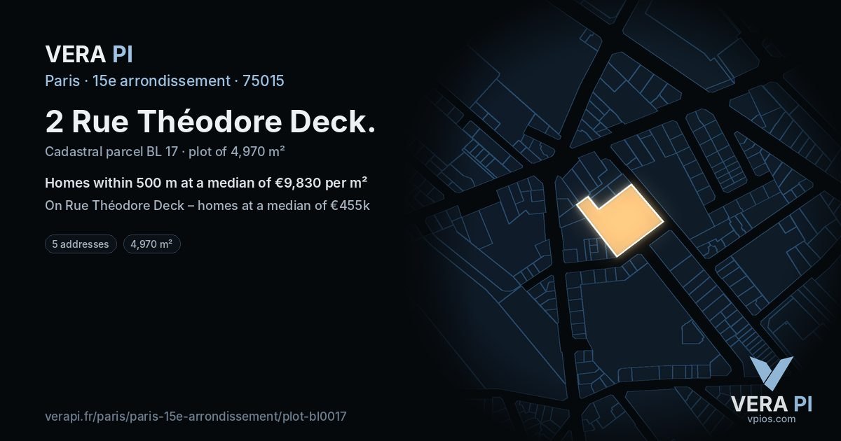 2 Rue Théodore Deck, 15e arrondissement at night – the plot lit, the parcels around coloured by the prices near them
