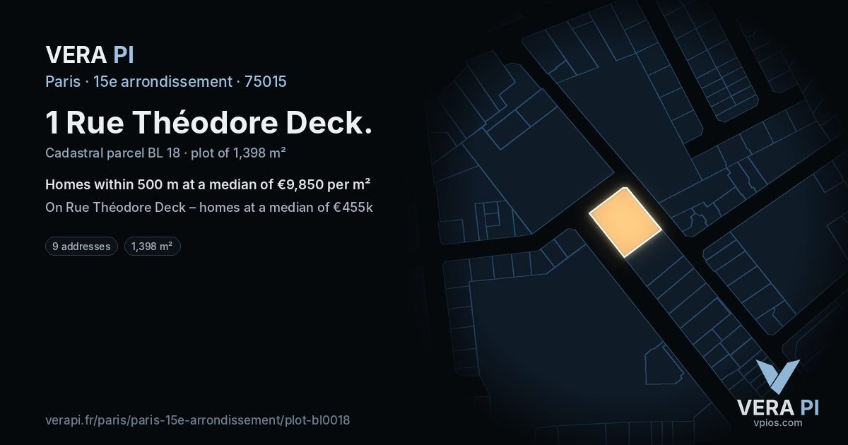 1 Rue Théodore Deck, 15e arrondissement at night – the plot lit, the parcels around coloured by the prices near them