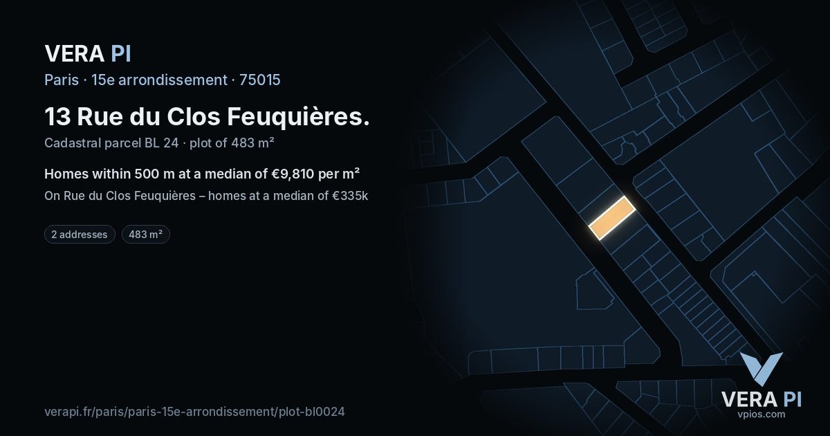 13 Rue du Clos Feuquières, 15e arrondissement at night – the plot lit, the parcels around coloured by the prices near them
