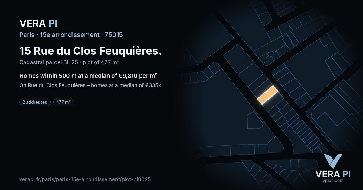 15 Rue du Clos Feuquières, 15e arrondissement at night – the plot lit, the parcels around coloured by the prices near them