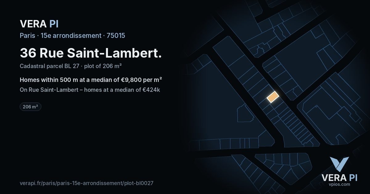 36 Rue Saint-Lambert, 15e arrondissement at night – the plot lit, the parcels around coloured by the prices near them