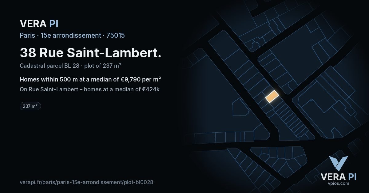 38 Rue Saint-Lambert, 15e arrondissement at night – the plot lit, the parcels around coloured by the prices near them