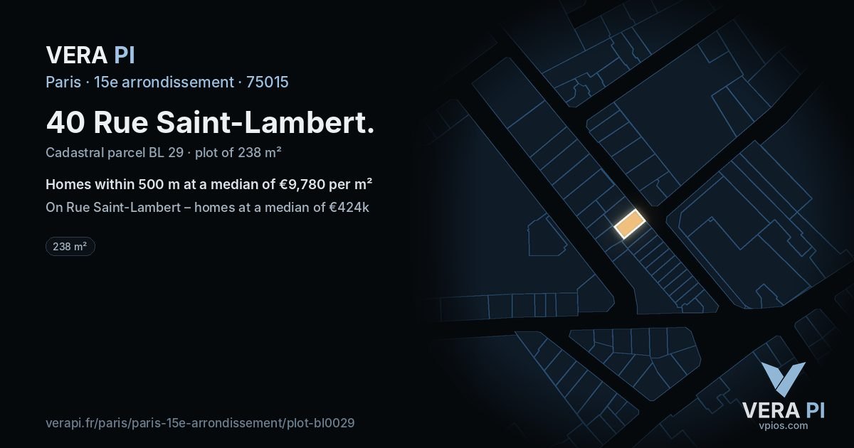 40 Rue Saint-Lambert, 15e arrondissement at night – the plot lit, the parcels around coloured by the prices near them