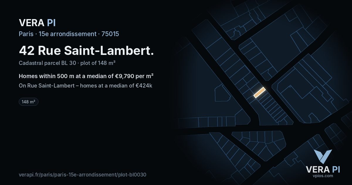 42 Rue Saint-Lambert, 15e arrondissement at night – the plot lit, the parcels around coloured by the prices near them